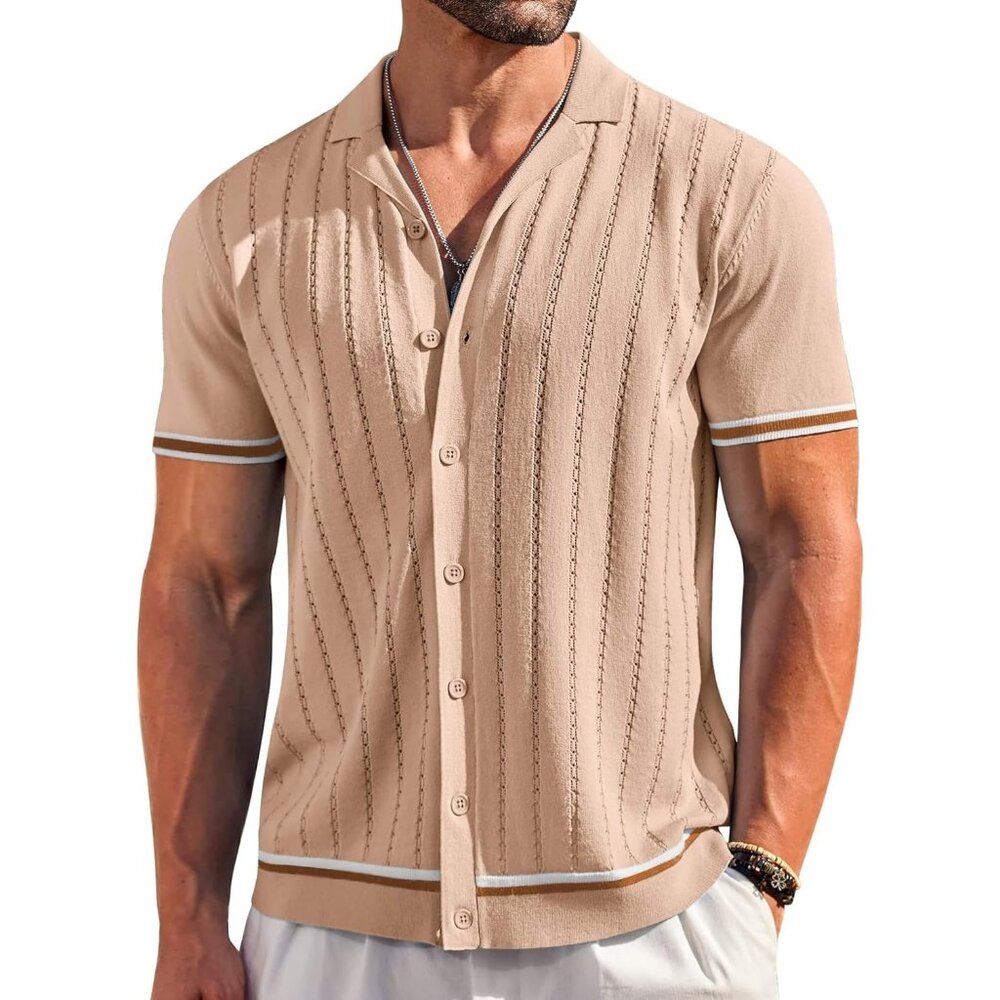 Men's Khaki Short Sleeve Knit Shirt Casual Button Down Shirt Vintage